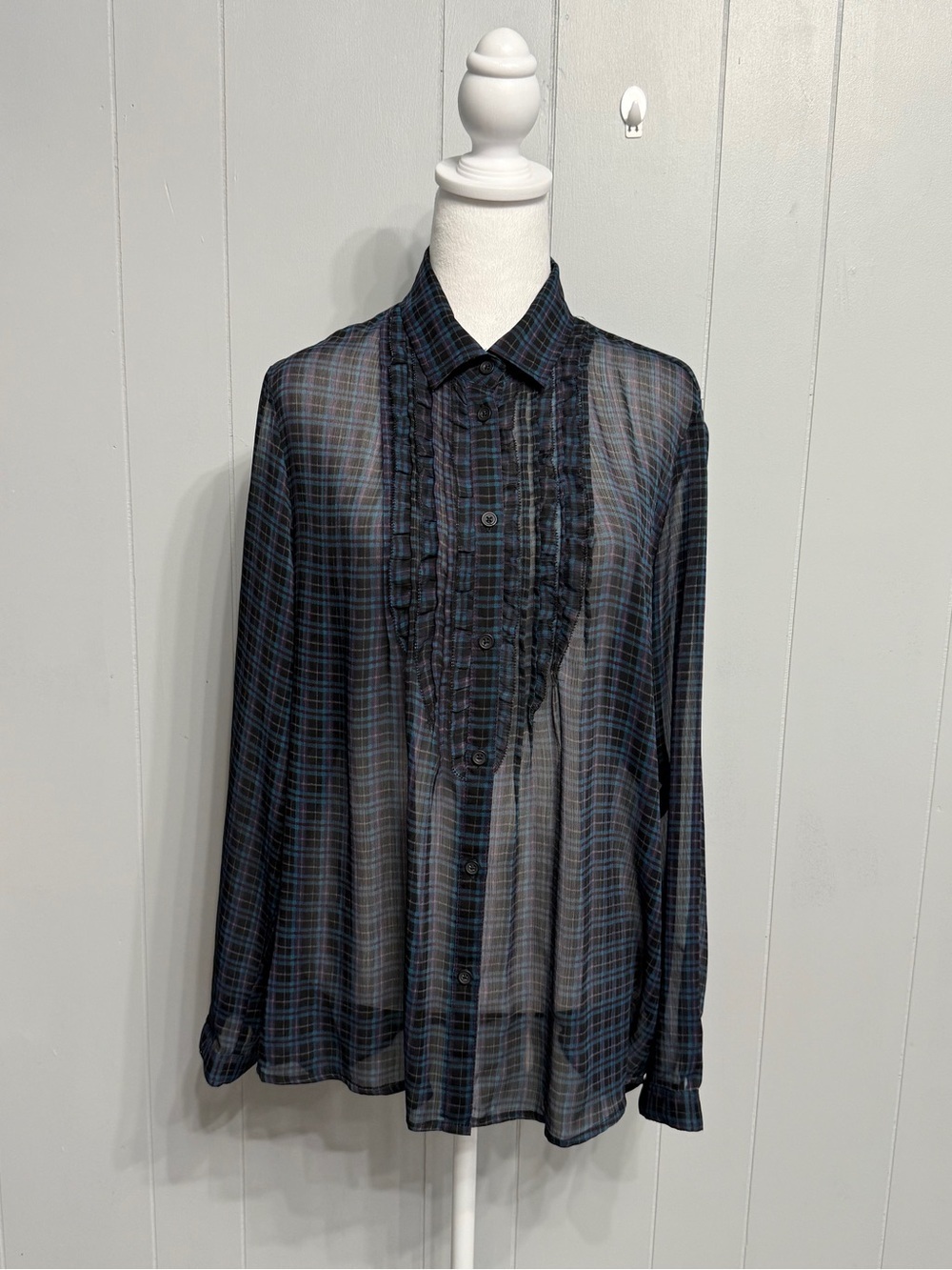 #17) American Eagle Sheer Blue and Black, purple Plaid Button-Up Blouse